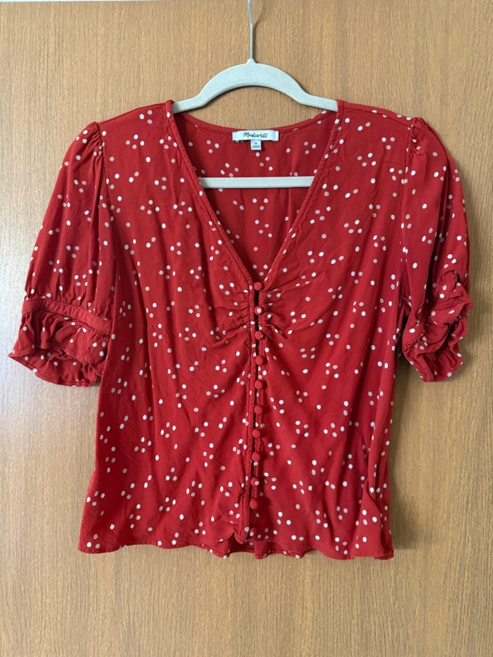 Madewell Red Polka‑Dot V‑Neck Blouse – Size 10
